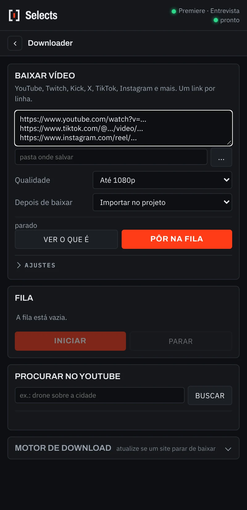 Tela Downloader do painel do Selects